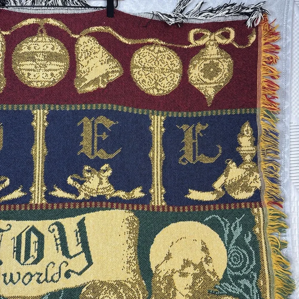 Vtg Christmas Tapestry Throw Blanket 44X55 Afghan Knit Noel Joy World Holiday